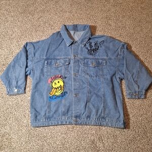 ROMWE Blue Denim Mens Jacket with Graphic Smile Patch Size L